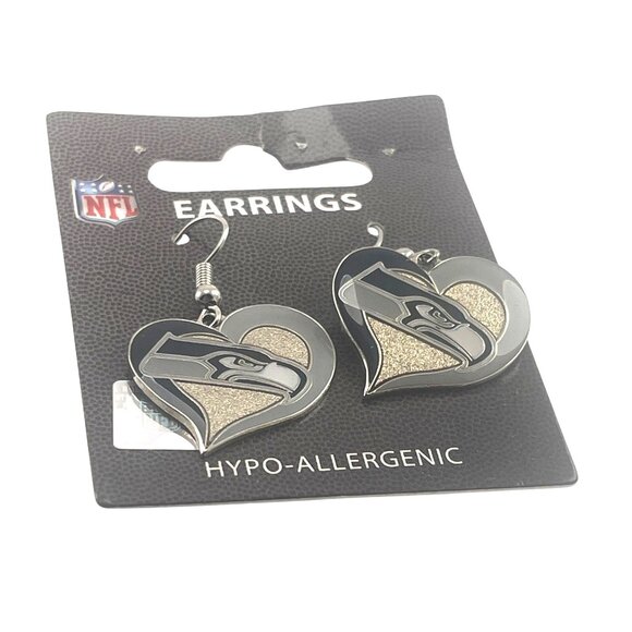 Seattle Seahawks Heart-Shaped Hypo-Allergenic Earrings With NFL Logo For Fans - Picture 2 of 6